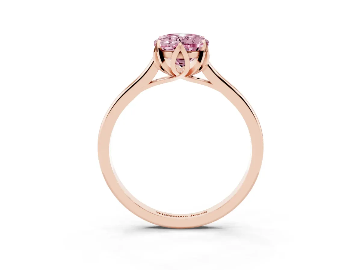 Fancy Pink Oval Cut Diamond Solitaire Ring with Flower Prong Setting and Classic Band Rose gold
