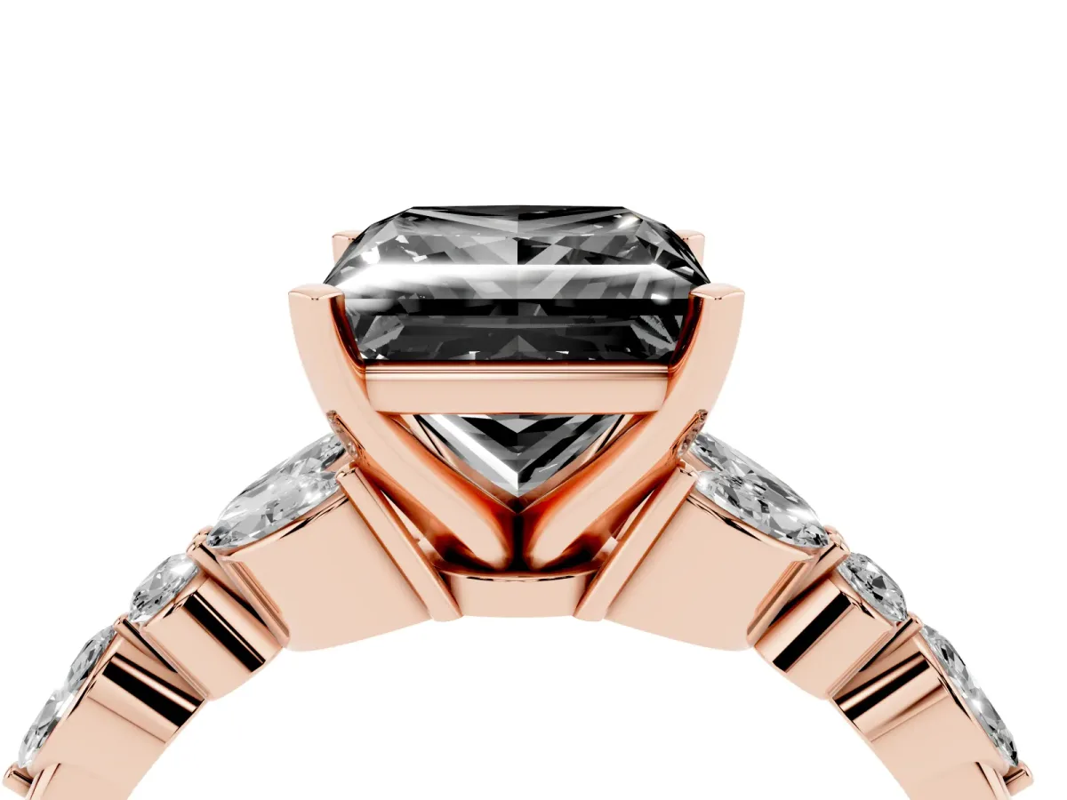 Fancy Black Princess Cut Diamond Solitaire Ring with Side Stones and Four-Prong Setting Rose gold