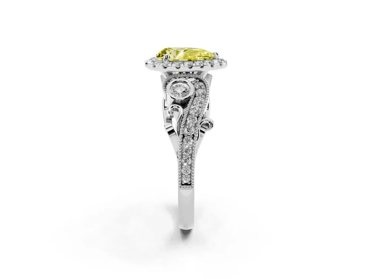 Fancy Yellow Pear Cut Halo Diamond Ring with Milgrain and Bezel Accents on a Split Shank Band White gold