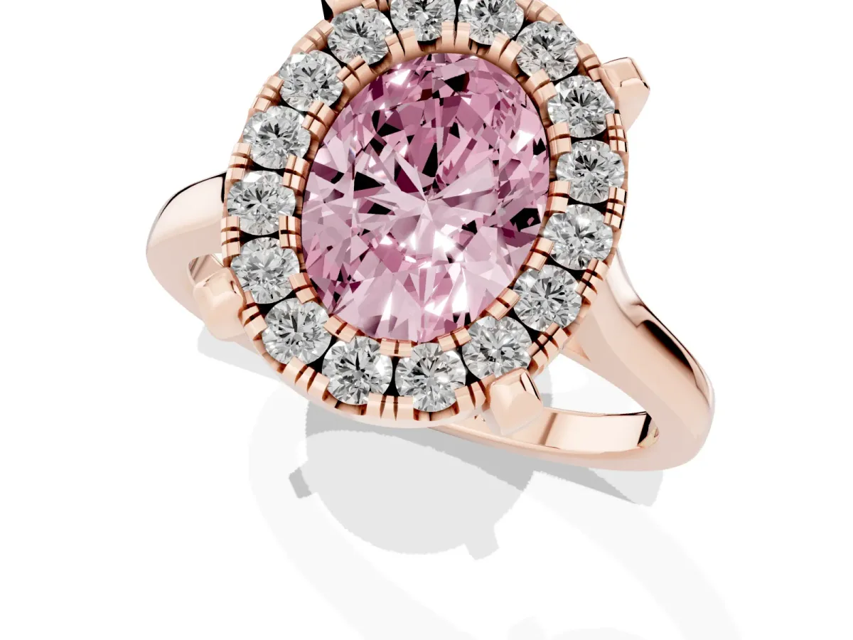 Fancy Pink Oval Cut Diamond Cluster Halo Solitaire with Four-Prong Setting Rose gold
