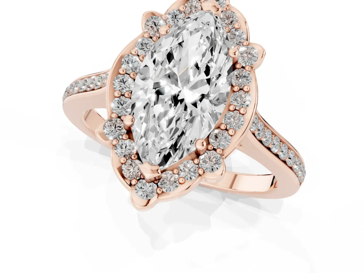 Marquise Cut Halo Round Diamond Pave Band with Four-Prong Setting Rose gold