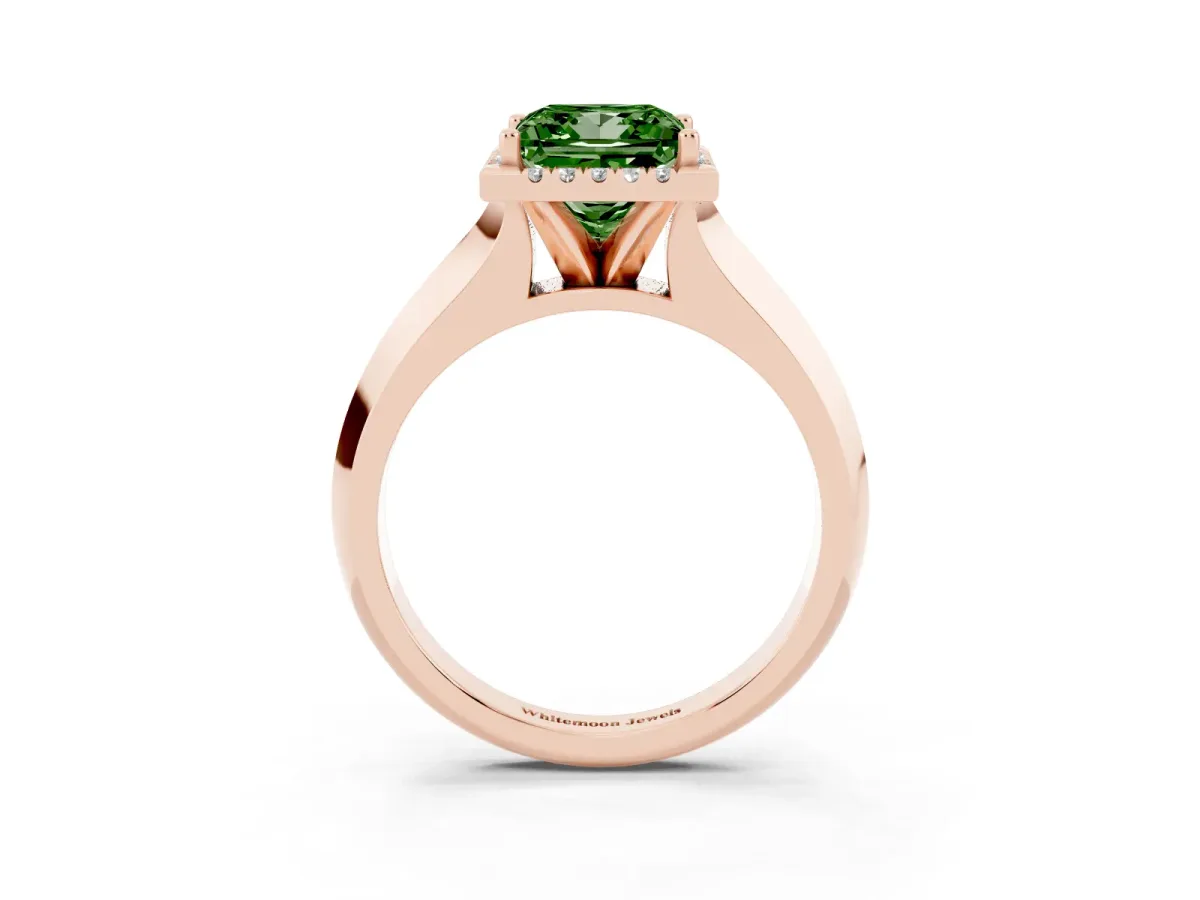 Fancy Green Princess Cut Halo Diamond Ring with Cathedral Band and Four-Prong Setting Rose gold
