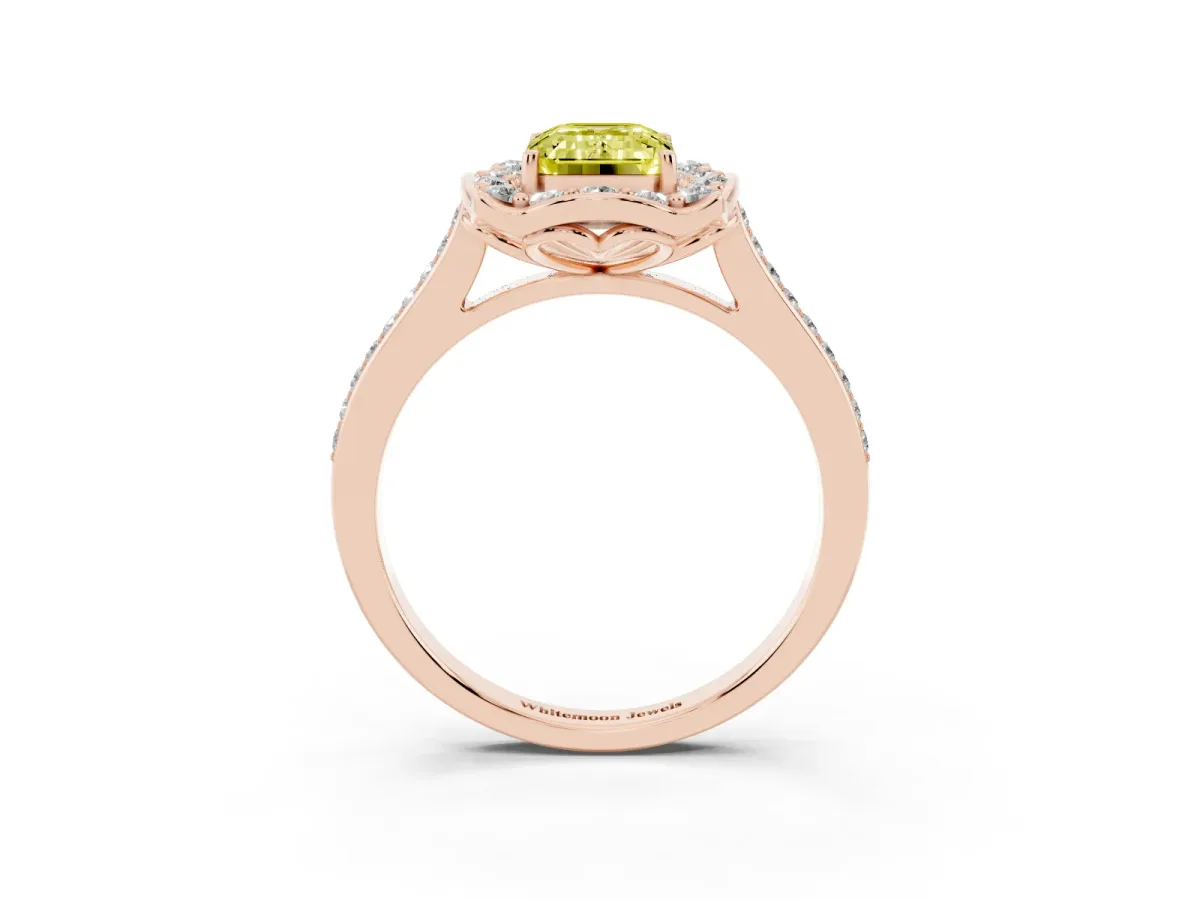 Fancy Yellow Emerald Cut Halo Round Diamond Pave Band with Four-Prong Setting Rose gold