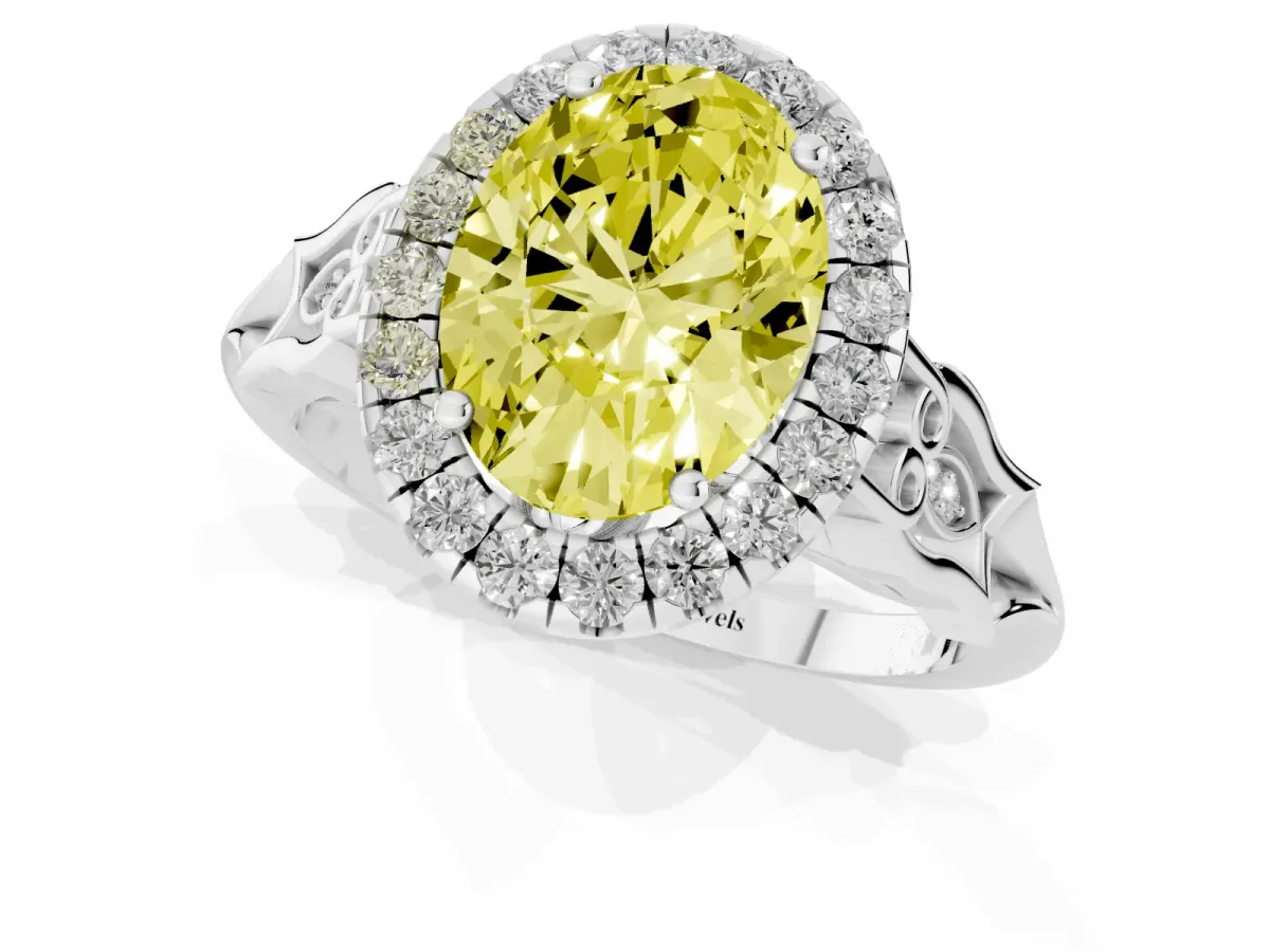 Fancy Yellow Oval Cut Halo Diamond Engagement Ring with Filigree Band and Four-Prong Setting Platinum