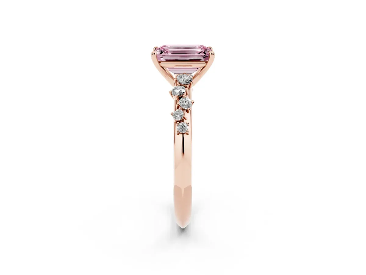 Fancy Pink Emerald Cut Diamond Cluster Side Stone Solitaire Ring with Prong Setting Rose gold