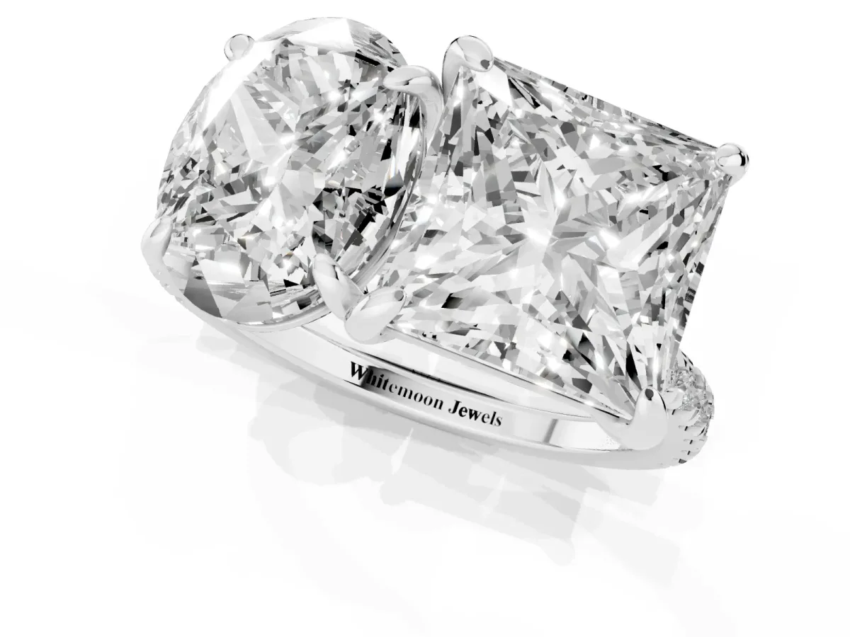 Oval and Princess Toi Moi Ring with Prong Setting and Micro Pave Band Platinum