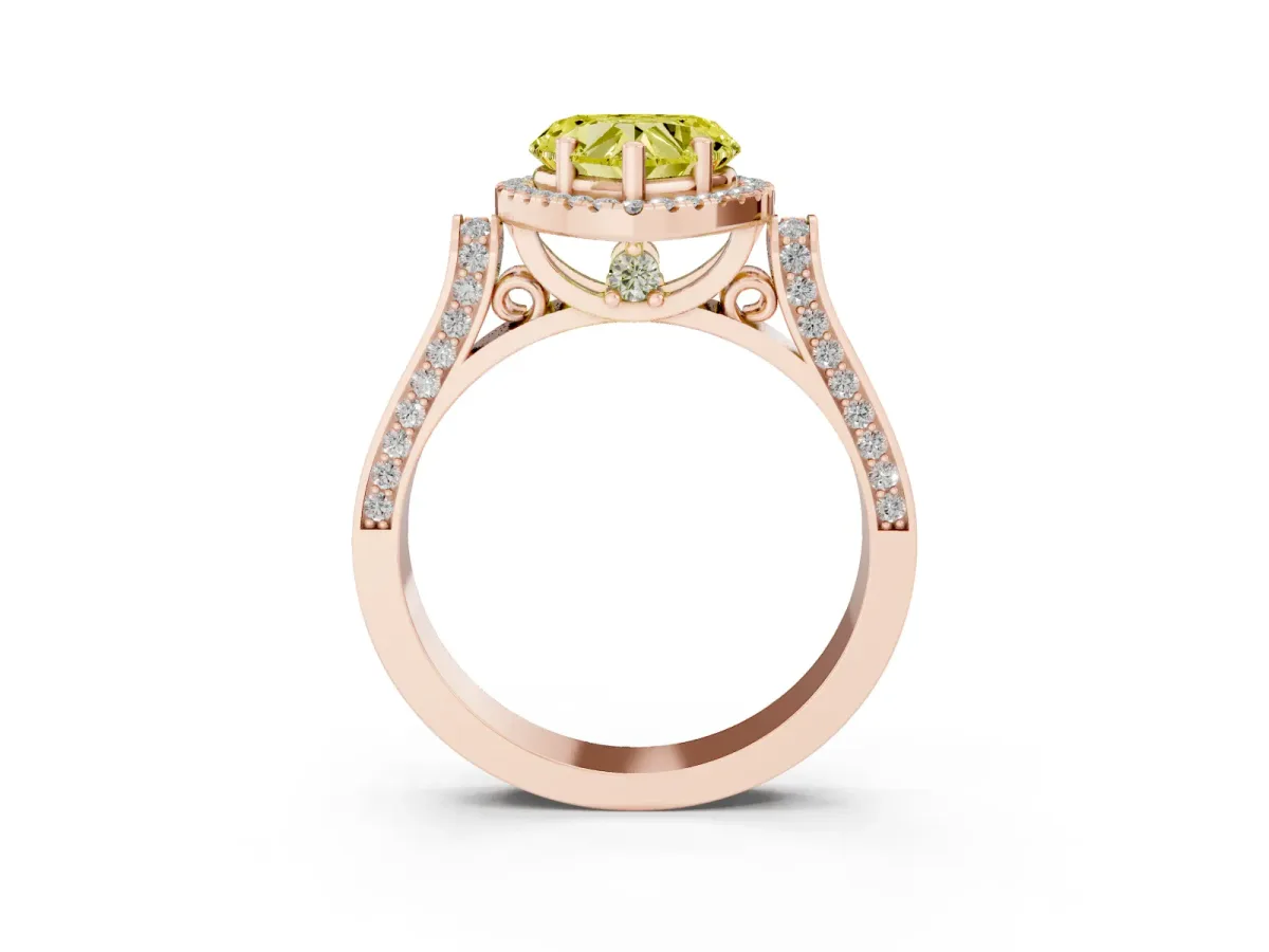 Fancy Yellow Heart Cut Halo Round Diamond Twist Band with Four-Prong Setting Rose gold