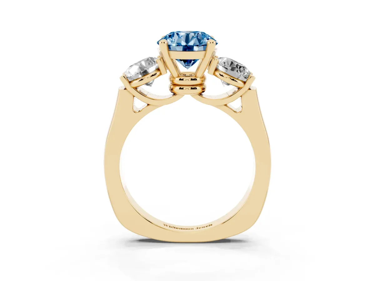 Fancy Blue Three-Stone Round Cut Brilliant Diamond Trellis Ring with Comfort Fit Band Yellow gold