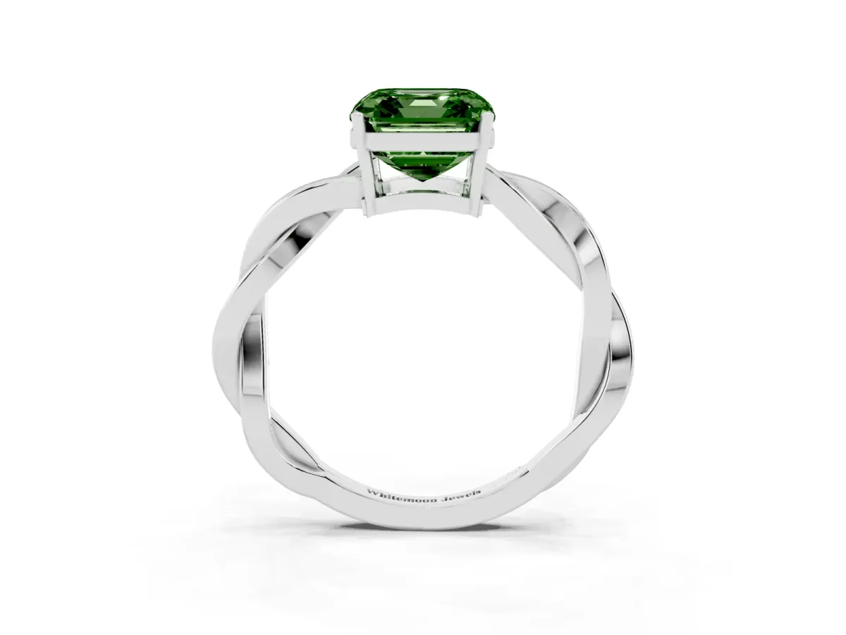 Fancy Green Asscher Cut Solitaire Twisted Pave Diamond Ring with Four-Prong Setting Silver