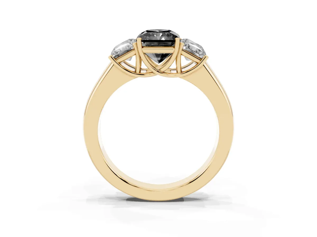 Fancy Black Three-Stone Radiant Cut Cut Diamond Ring with Prong Setting and Classic Band Yellow gold