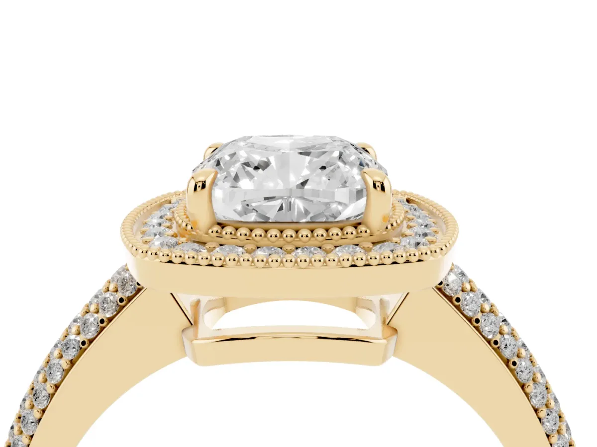 Cushion Cut Cut Halo Diamond Pave Band with Four-Prong Setting Yellow gold