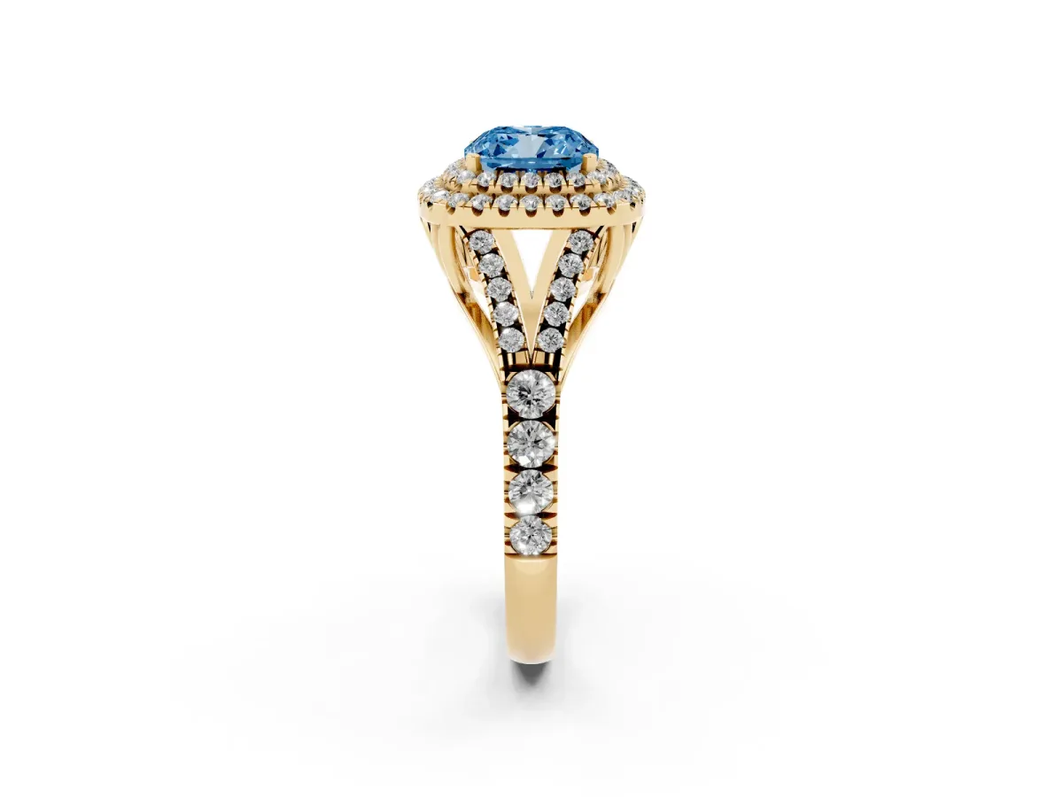 Fancy Blue Cushion Cut Diamond Pavé Split Shank Double Halo Engagement Ring Yellow gold