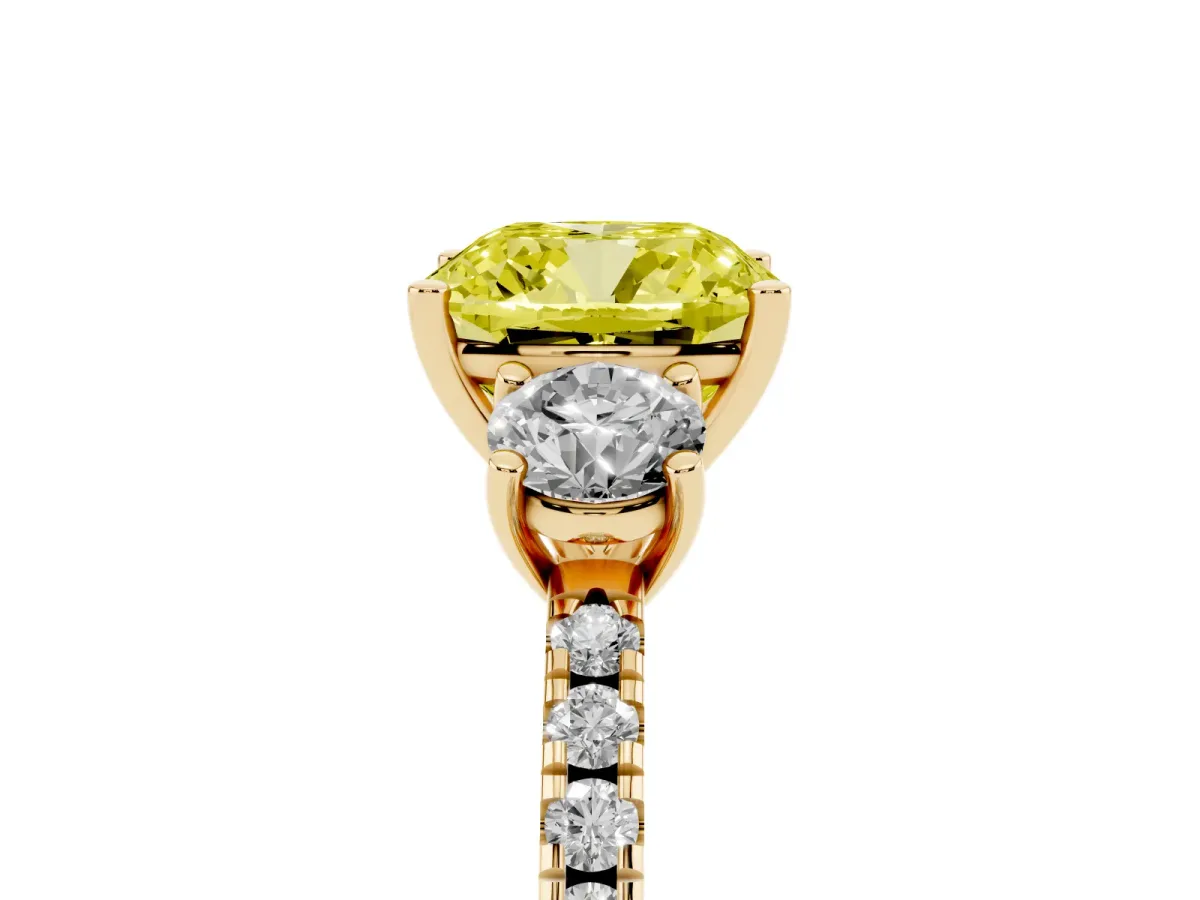 Fancy Yellow Three-Stone Cushion Cut Cut Diamond Pavé Band with Prong Setting Yellow gold