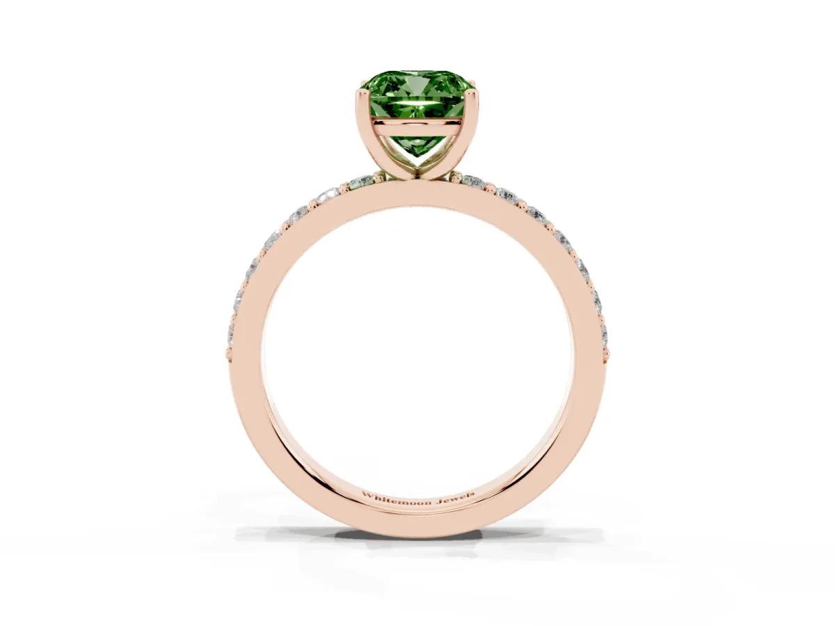 Fancy Green Cushion Cut Cut Diamond Solitaire with Pave Band and Four-Prong Setting Rose gold