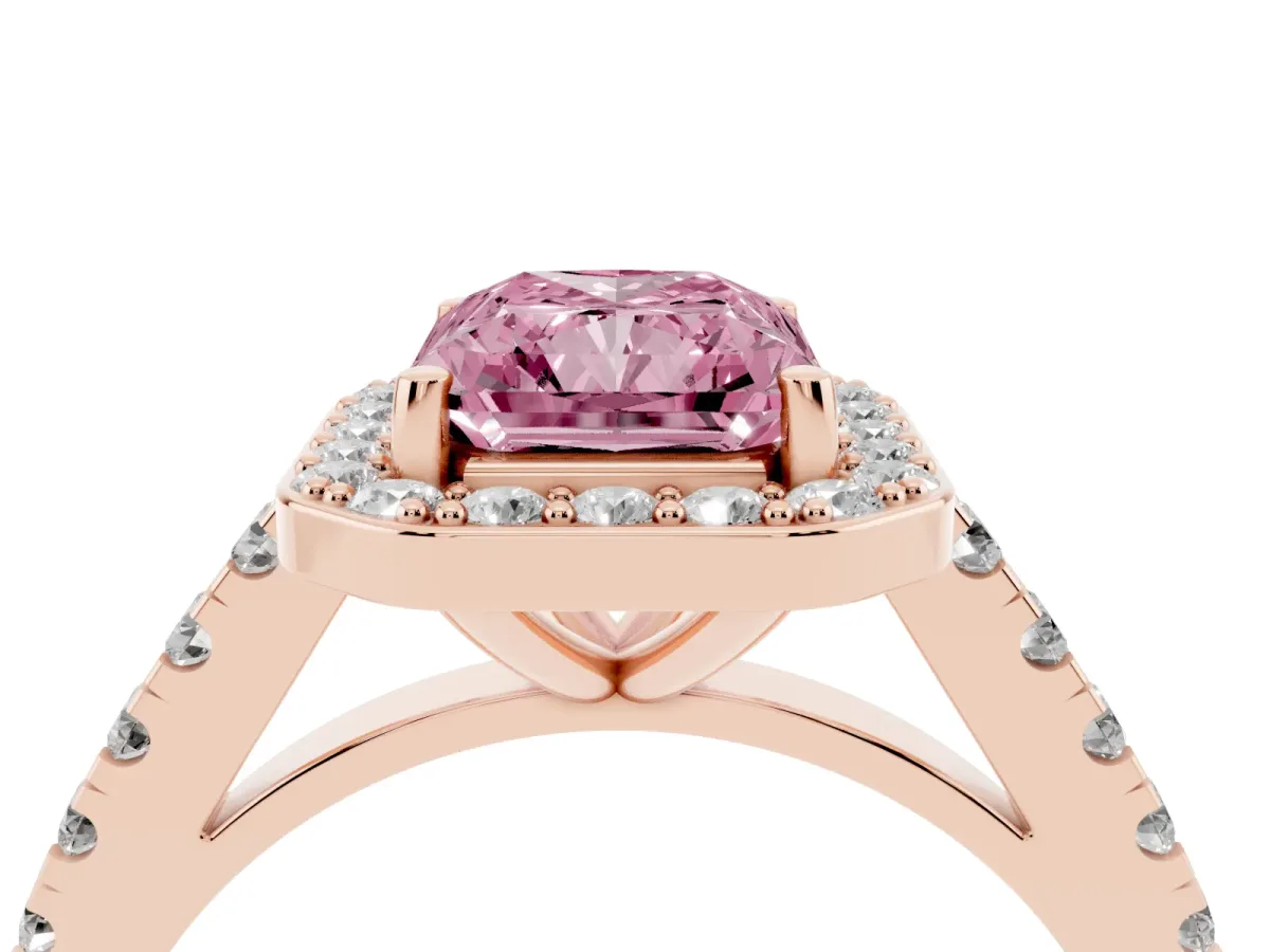Fancy Pink Radiant Cut Diamond Halo Ring with Round Pavé Split Shank and Prong Setting Rose gold