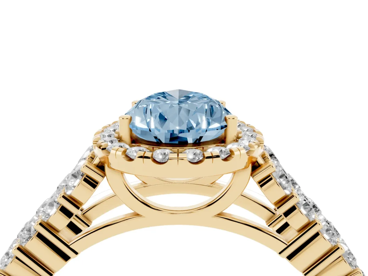 Fancy Blue Pear Cut Diamond Halo Engagement Ring with Triple Row Round Pavé Band and Prong Setting Yellow gold