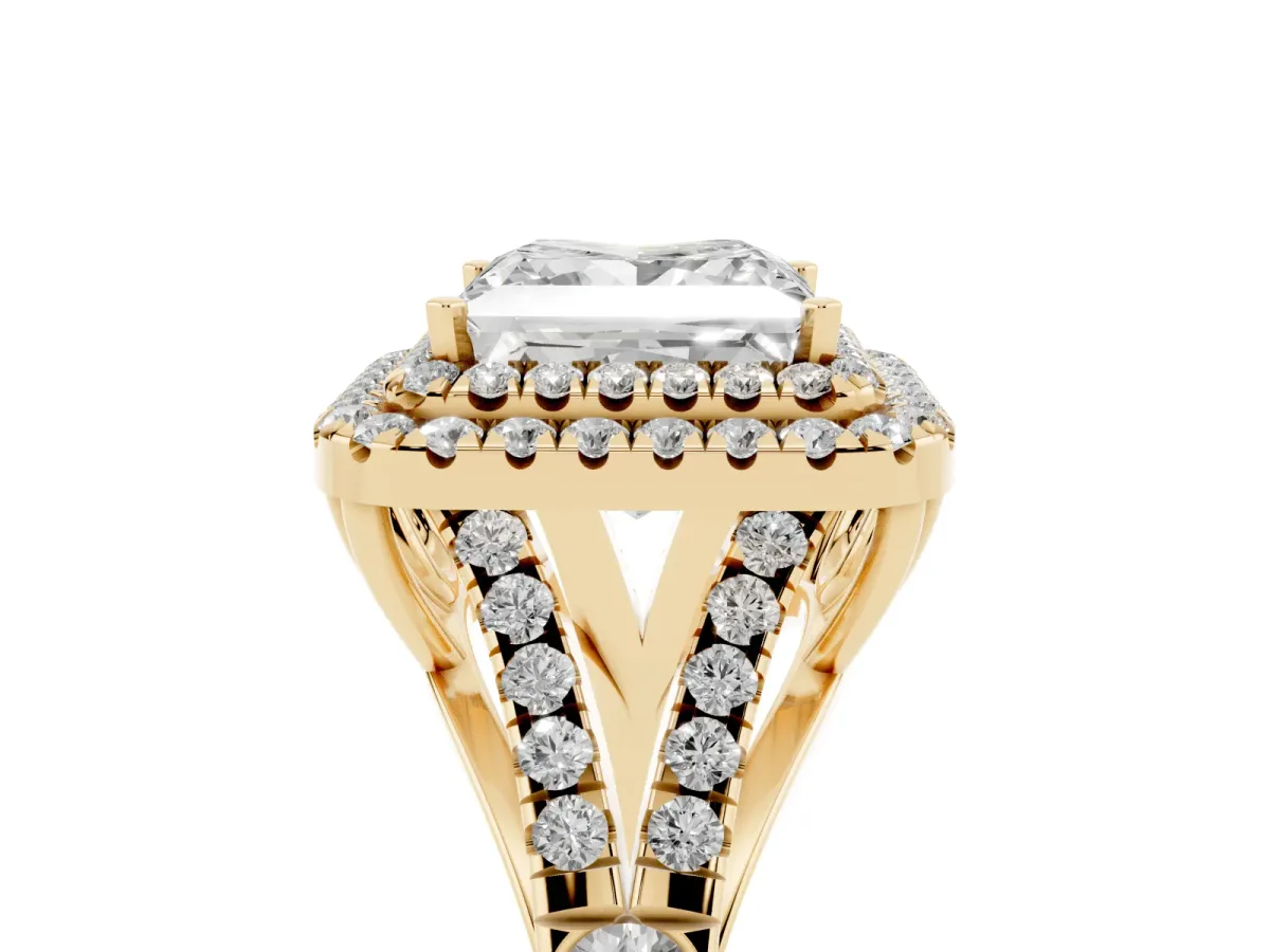 Princess Cut Diamond Double Halo Ring with Split Shank and Prong Setting Yellow gold