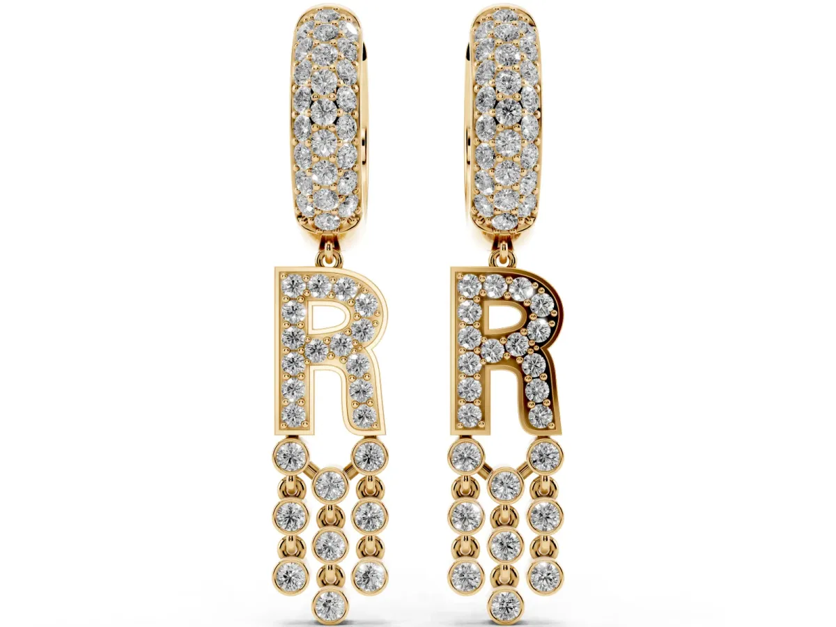Round Diamond Initial R Huggie Hoop Earrings Yellow gold