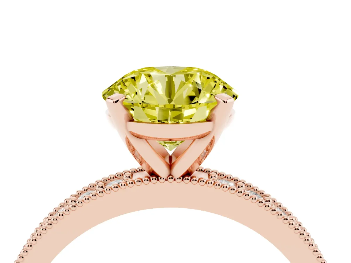 Fancy Yellow Round Cut Diamond Milgrain Pavé Engagement Ring with Four-Prong Setting Rose gold