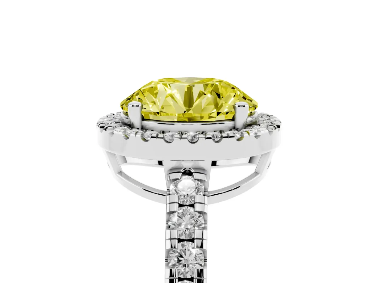 Fancy Yellow Round Cut Diamond Halo Ring with Pavé Band and Four-Prong Setting White gold