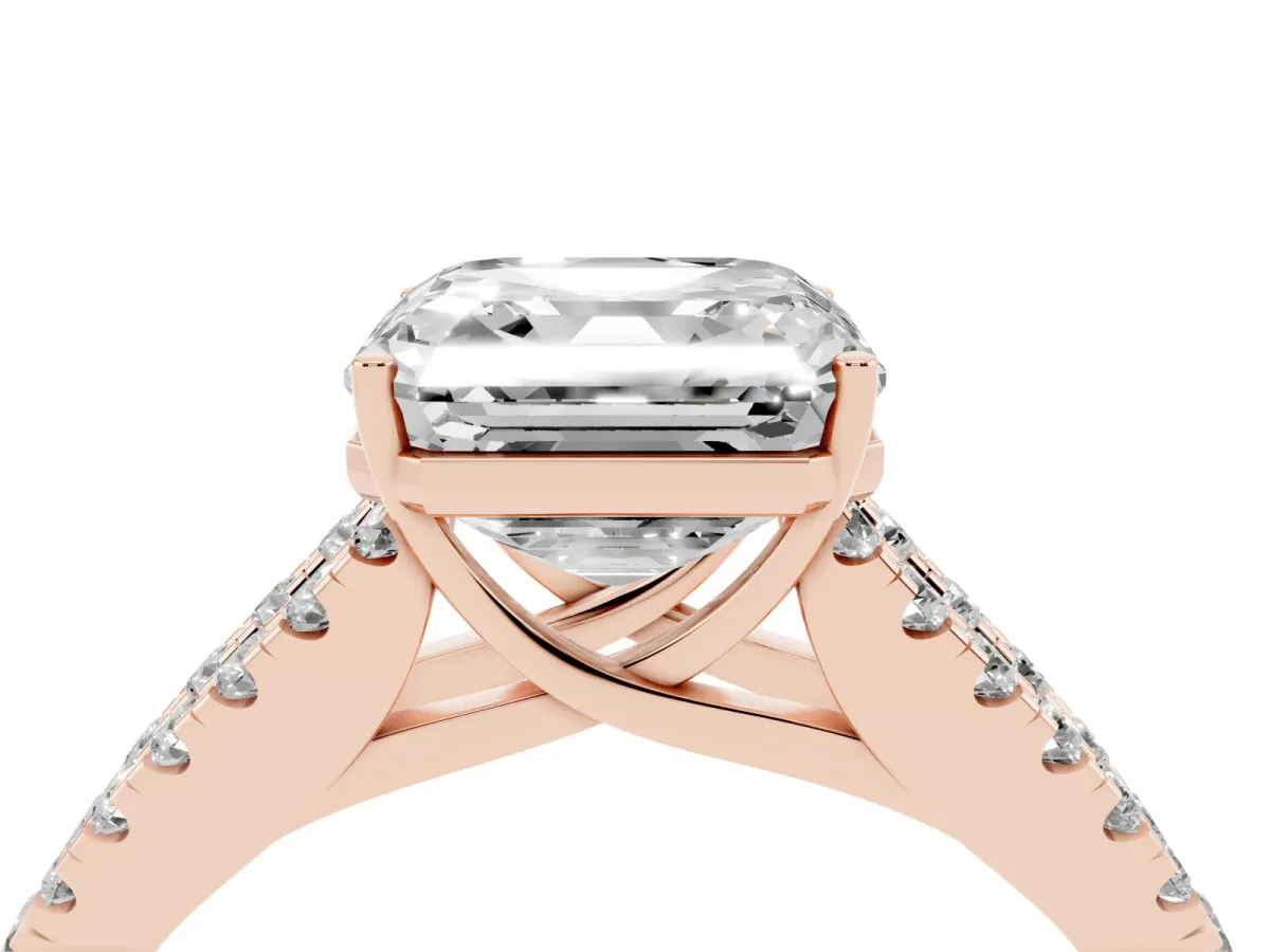 Asscher Cut Diamond Split Shank Pavé Engagement Ring with Four-Prong Setting Rose gold