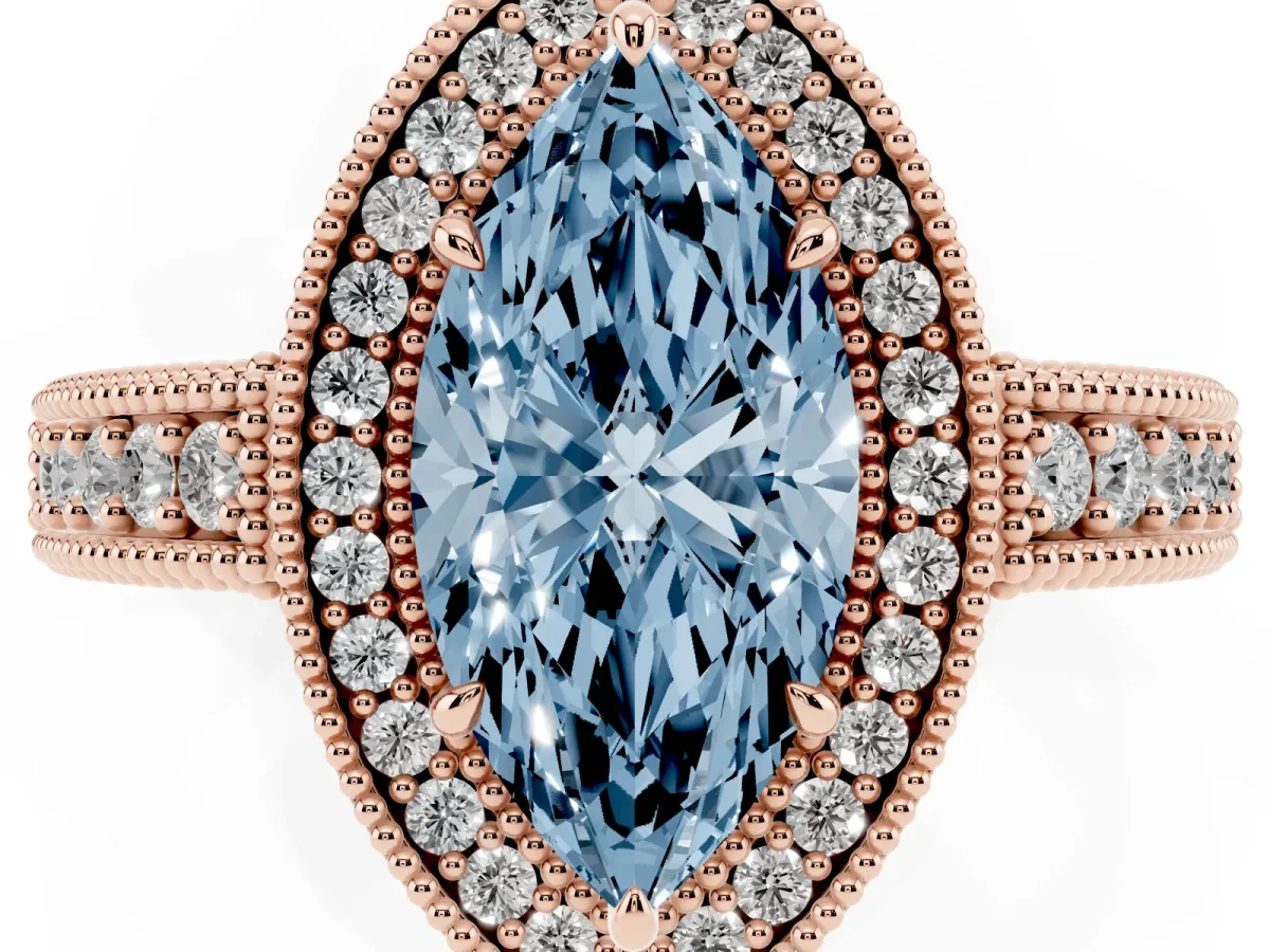 Fancy Blue Marquise Cut Cut Halo Diamond Ring with Pavé Band and Four-Prong Setting Rose gold