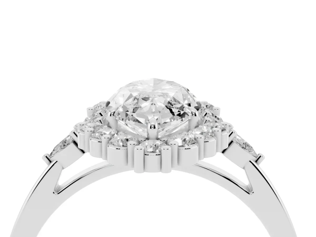 Marquise Cut Diamond Halo Ring with Pear Side Stones and Prong Setting Silver