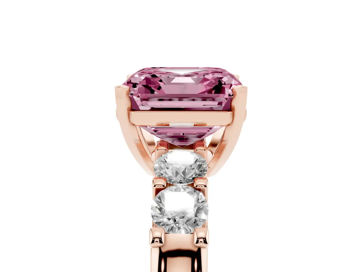 Fancy Pink Asscher Cut Brilliant Cut Diamond Five-Stone Prong Set Engagement Ring with Channel Band Rose gold