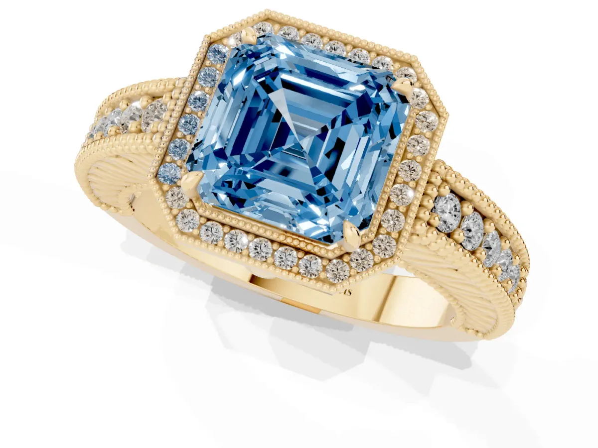 Fancy Blue Asscher Cut Cut Halo Diamond Ring with Pavé Band and Four-Prong Setting Yellow gold