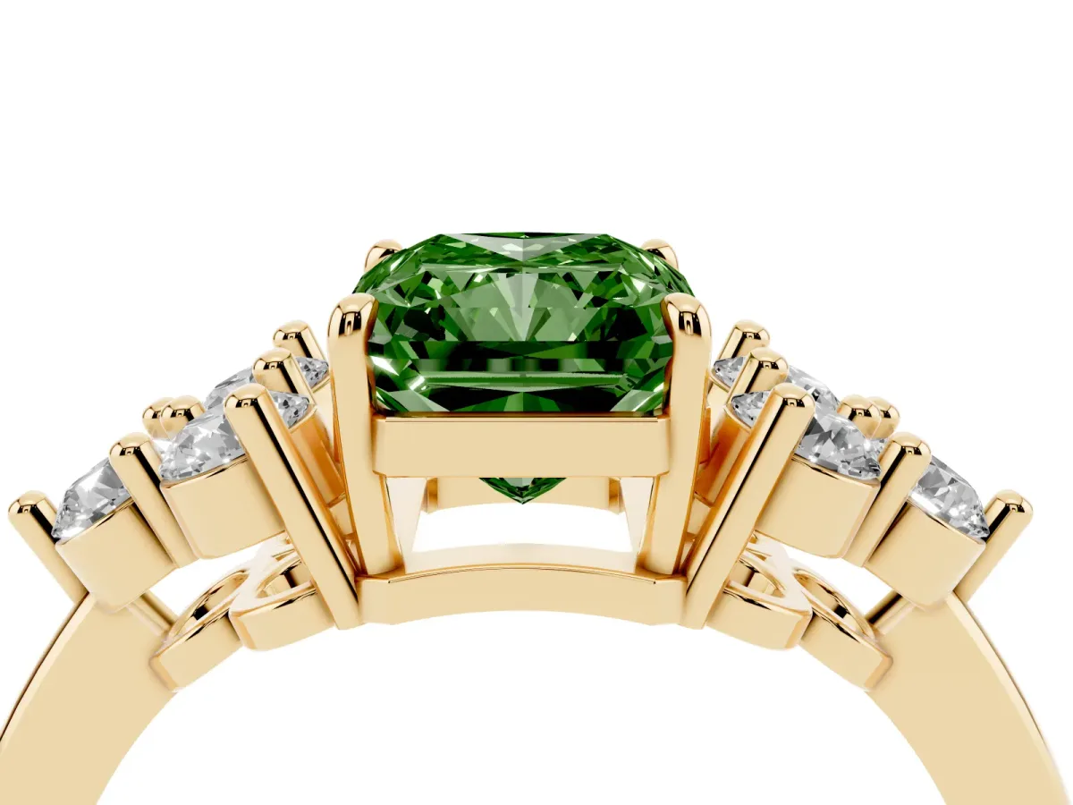 Fancy Green Radiant Cut Brilliant Diamond Cluster Accent Solitaire Ring with Prong Setting Yellow gold