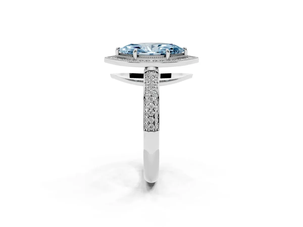 Fancy Blue Marquise Cut Cut Halo Diamond Pave Band with Four-Prong Setting Silver