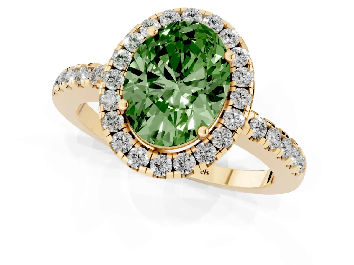 Fancy Green Oval Cut Halo Diamond Engagement Ring with Pavé Band and Four-Prong Setting Yellow gold