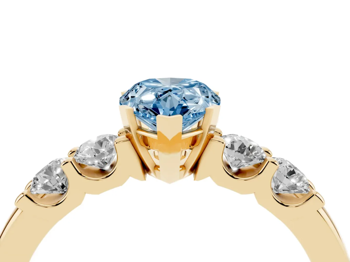 Fancy Blue Pear Cut Brilliant Cut Diamond Five-Stone Prong Set Engagement Ring with Channel Band Yellow gold