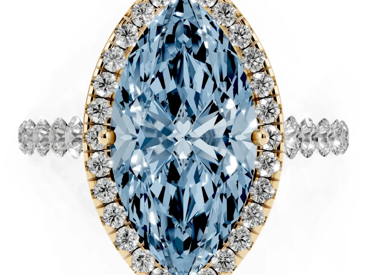 Fancy Blue Marquise Cut Halo Pavé Diamond Engagement Ring with Four-Prong Setting Yellow gold