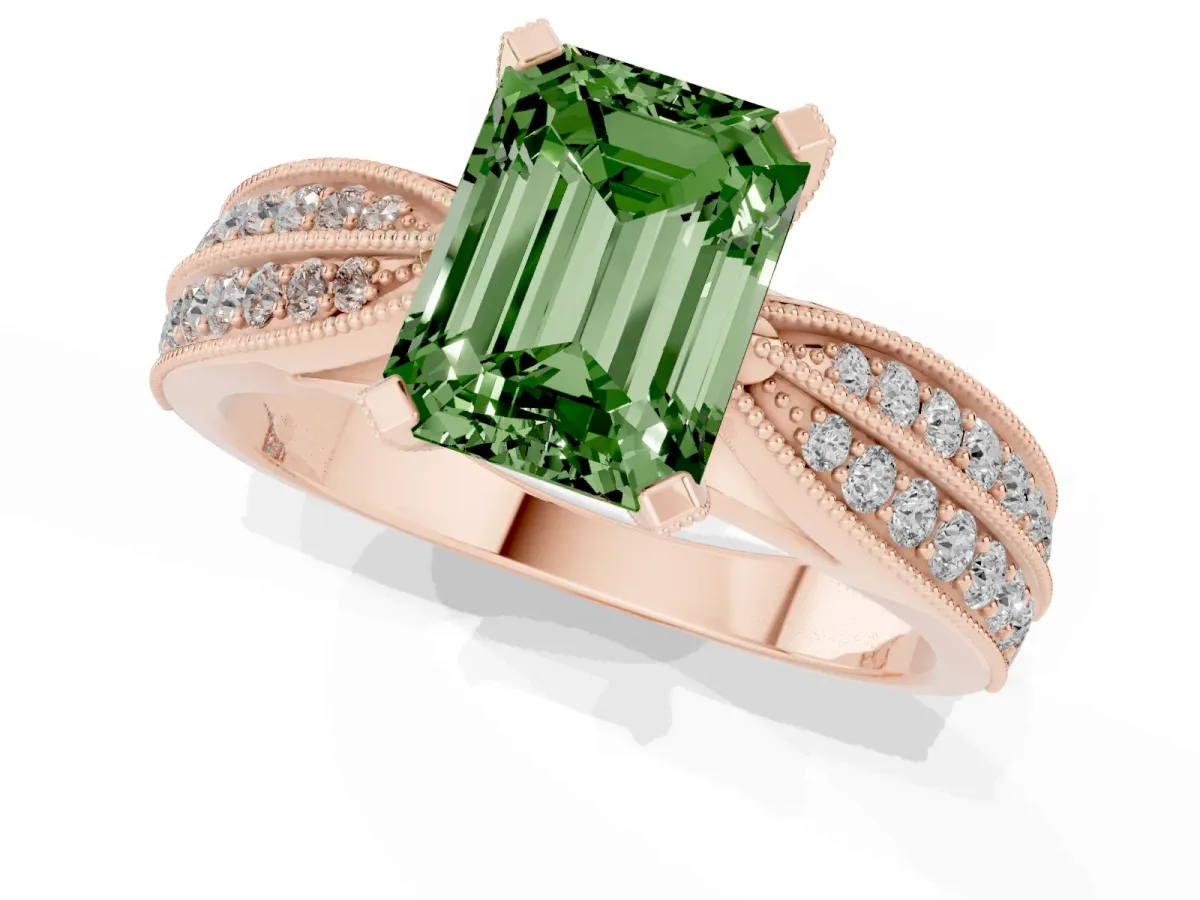 Fancy Green Emerald Cut Diamond Solitaire Ring with Milgrain Round Pavé Band and Prong Setting Rose gold