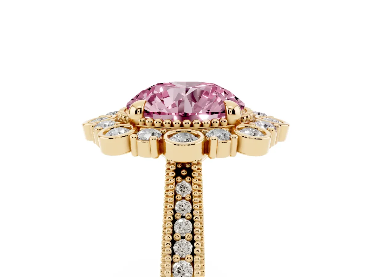 Fancy Pink Round Cut Halo Milgrain Pave Diamond Ring with Four-Prong Setting Yellow gold