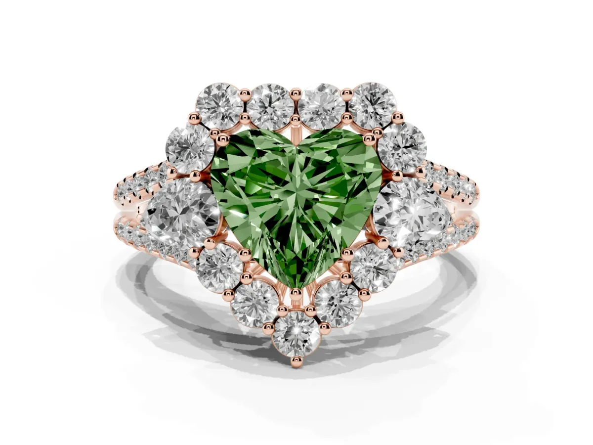 Fancy Green Heart Cut Halo Split Shank Diamond Engagement Ring with Prong Setting Rose gold