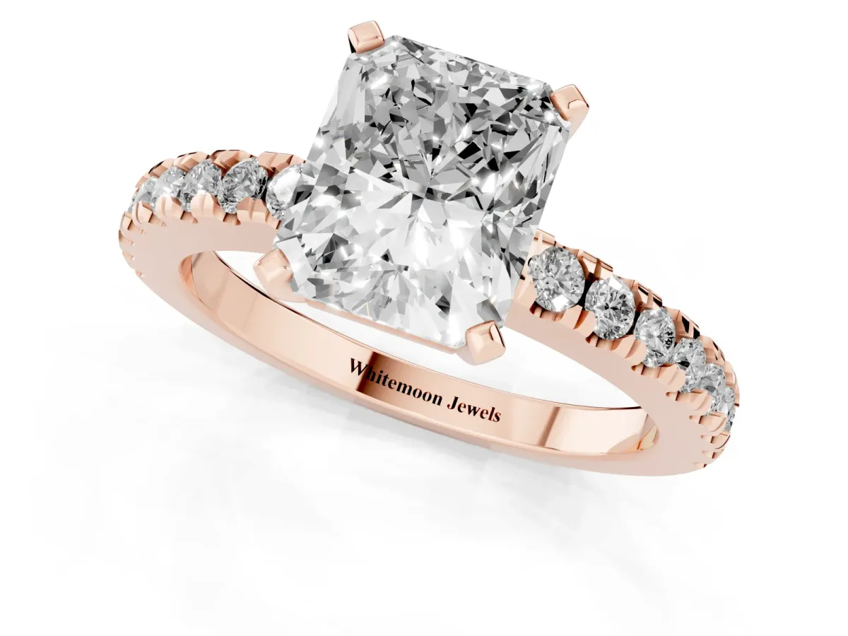 Radiant Cut Solitaire Diamond with Pavé Band and Four-Prong Setting Rose gold
