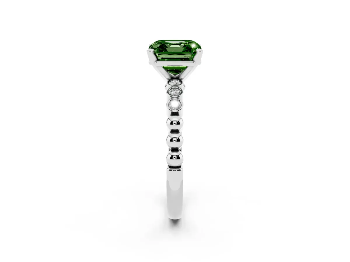 Fancy Green Asscher Cut Solitaire Bezel Accent Diamond Engagement Ring with Beaded Band and Four-Prong Setting Silver