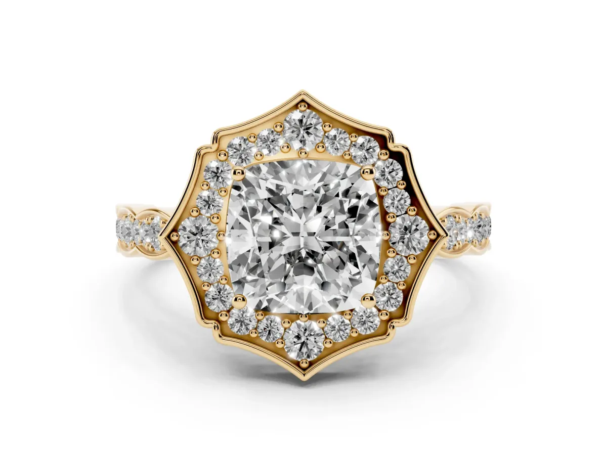 Cushion Cut Halo Diamond Engagement Ring with Milgrain Band and Four-Prong Setting Yellow gold