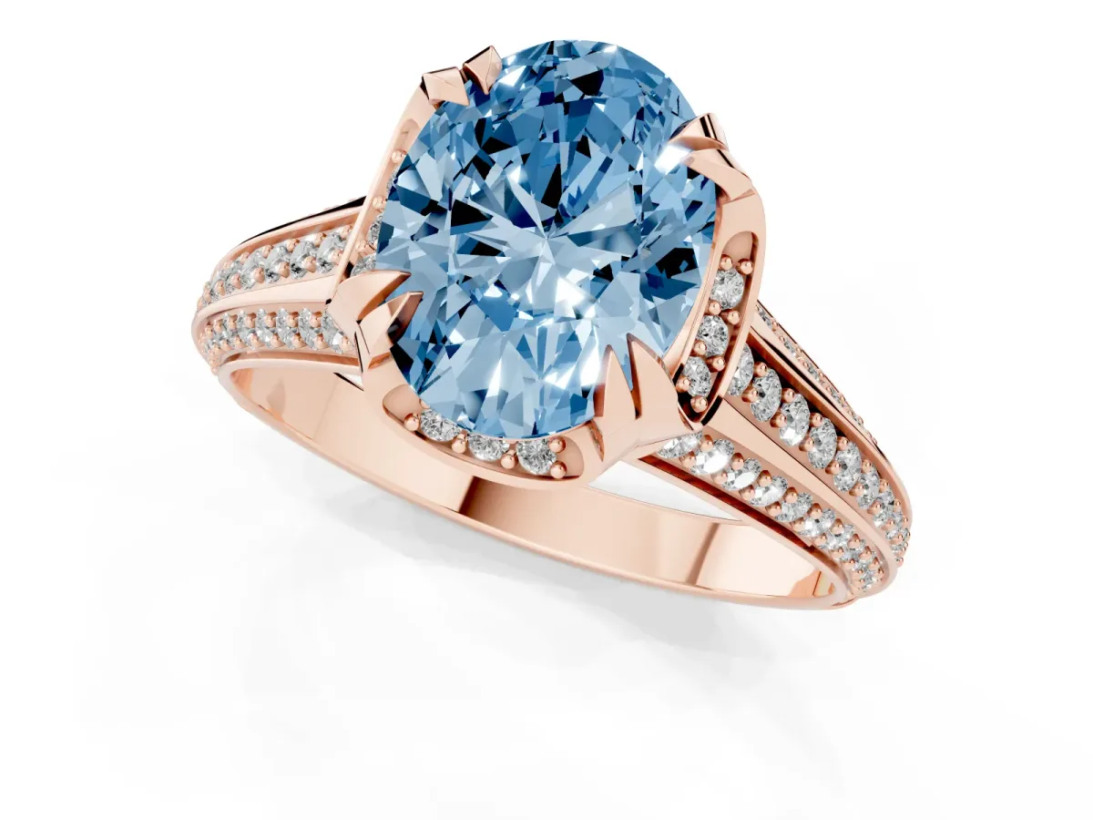 Fancy Blue Oval Cut Solitaire Pave Split Shank Ring with Four-Prong Setting Rose gold