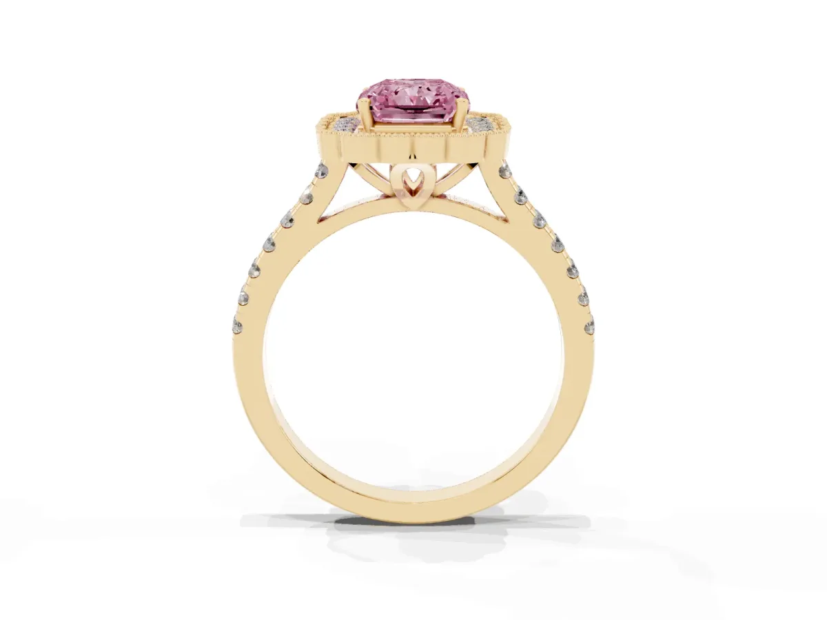 Fancy Pink Radiant Cut Cut Diamond Milgrain Floral Halo Engagement Ring with Pavé Band Yellow gold