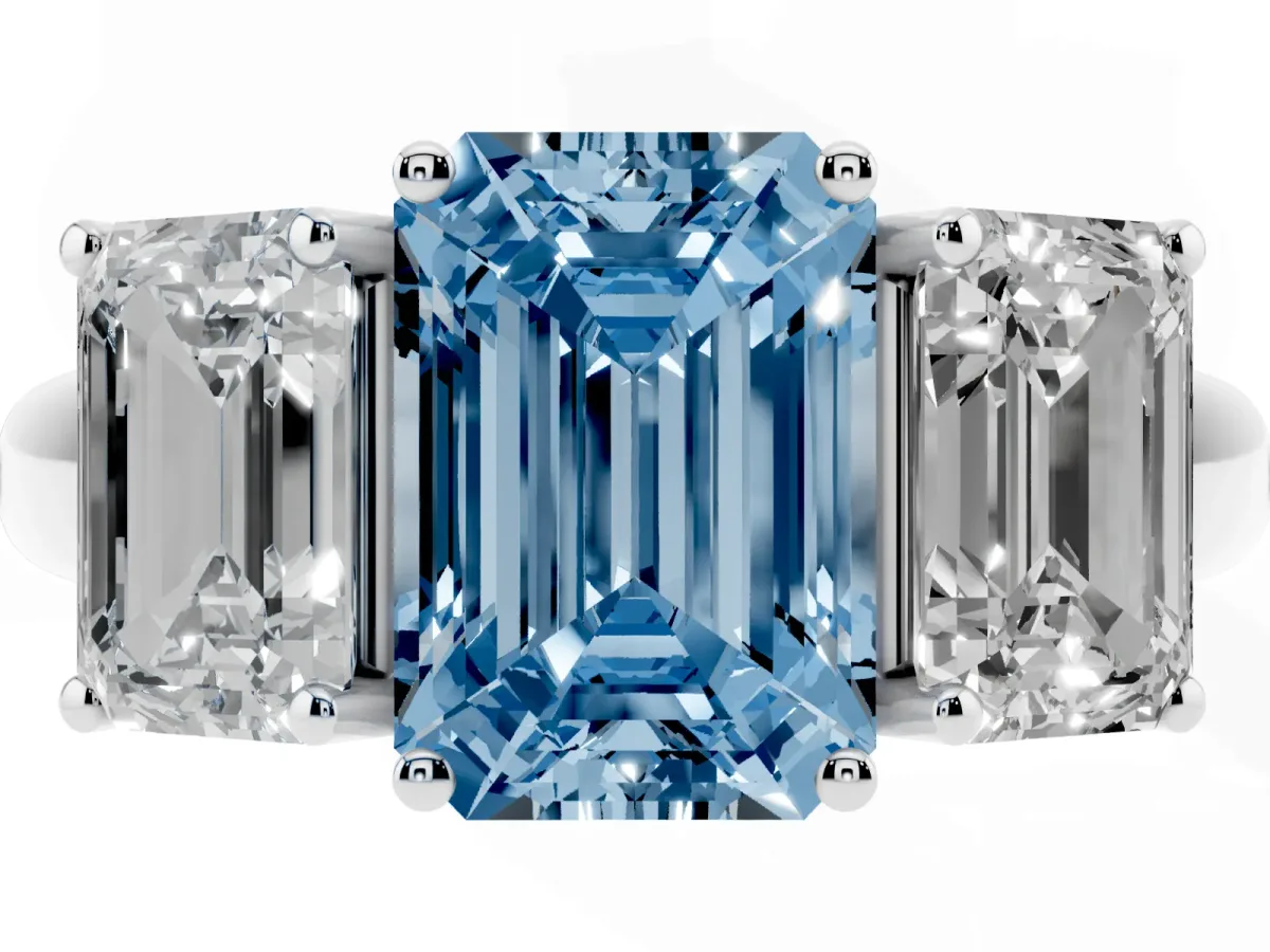 Fancy Blue Three-Stone Emerald Cut Diamond Engagement Ring with Prong Setting Silver