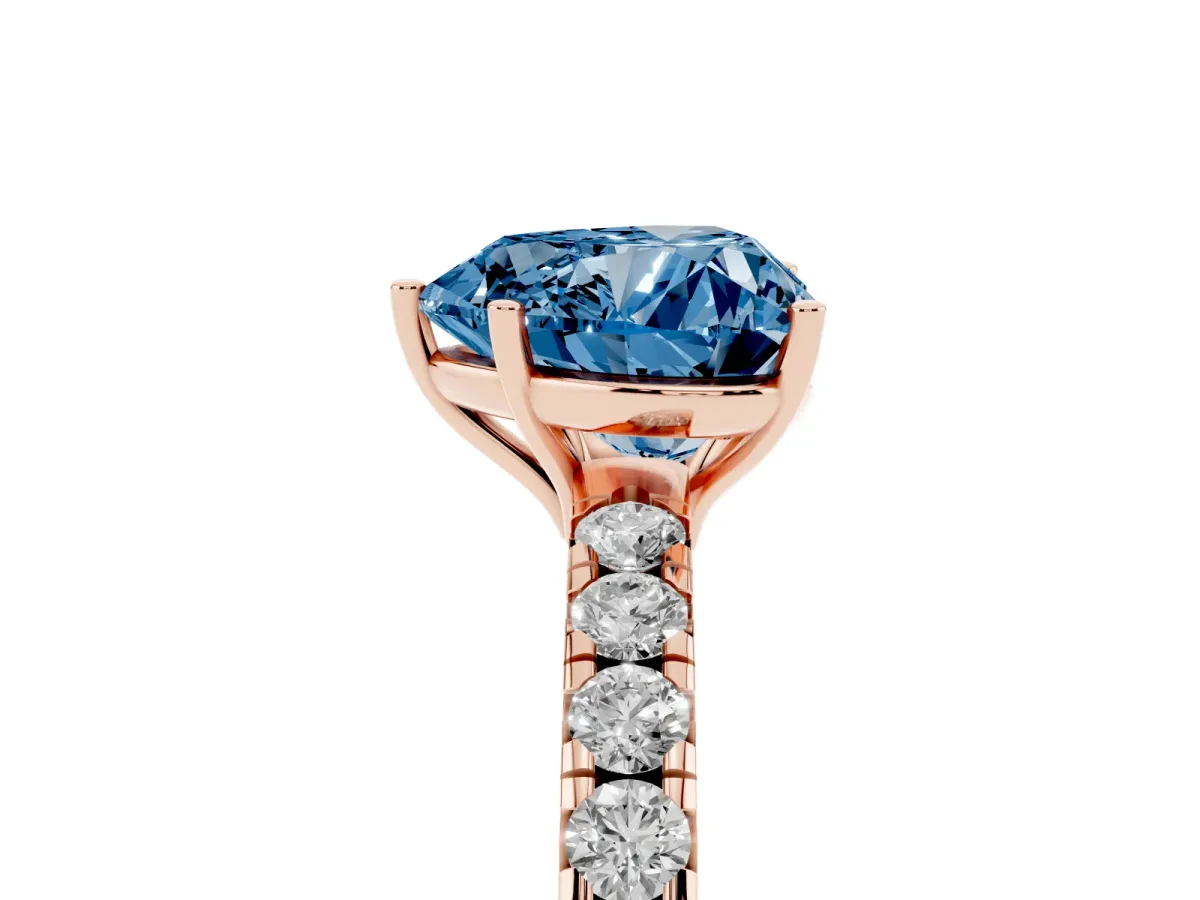 Fancy Blue Heart Cut Diamond Pavé Solitaire Engagement Ring with Four-Prong Setting Rose gold