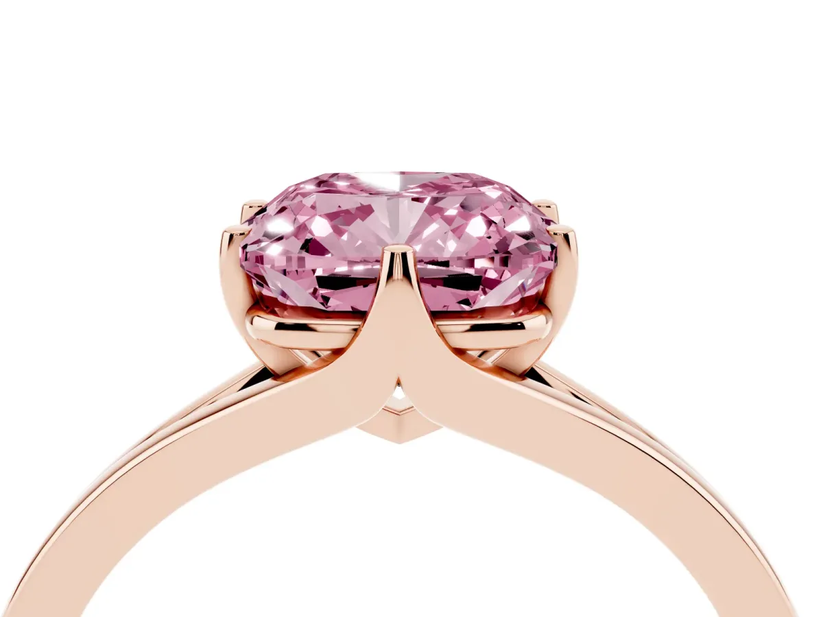 Fancy Pink Cushion Cut Solitaire Diamond Ring with Six-Prong Setting and Tapered Band Rose gold