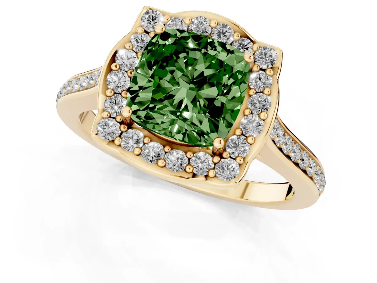 Fancy Green Cushion Cut Halo Round Diamond Pave Band with Four-Prong Setting Yellow gold