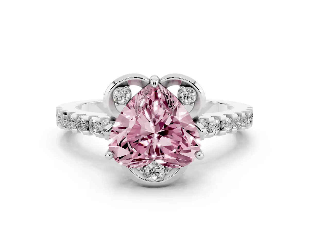 Fancy Pink Heart Cut Diamond Ring with Pavé Band and Floral Prong Setting Platinum