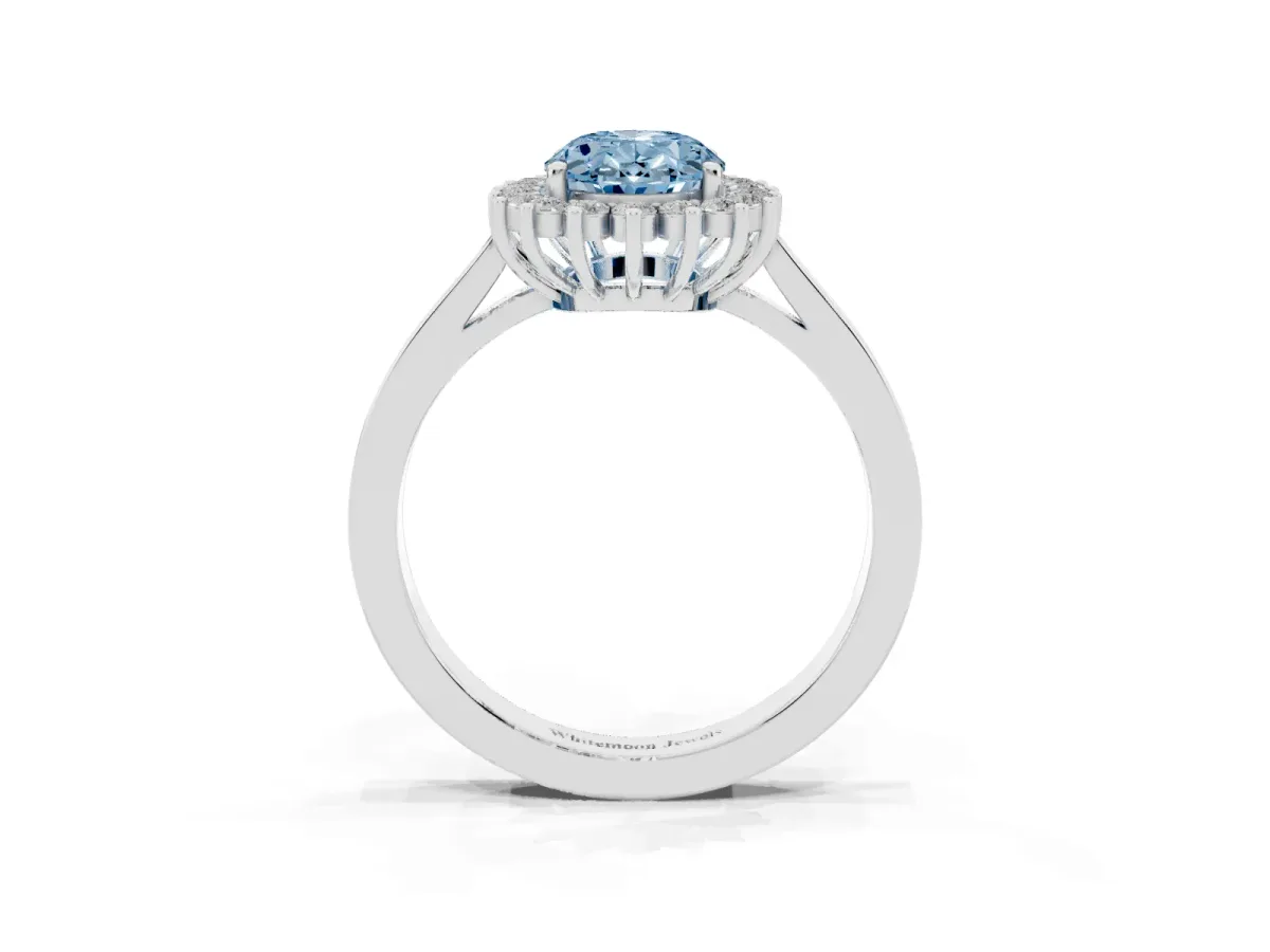 Fancy Blue Oval Cut Cut Diamond Halo Ring with Round Brilliant Halo and Solitaire Band Silver