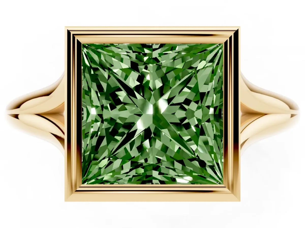 Fancy Green Bezel Set Princess Cut Cut Solitaire Ring with Tapered Band Yellow gold