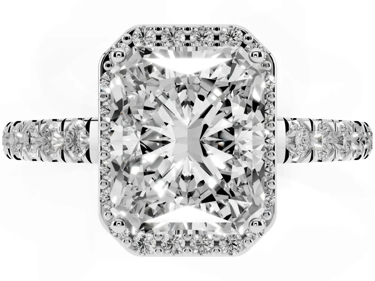 Radiant Cut Cut Halo Diamond Engagement Ring with Pave Band and Four-Prong Setting Silver
